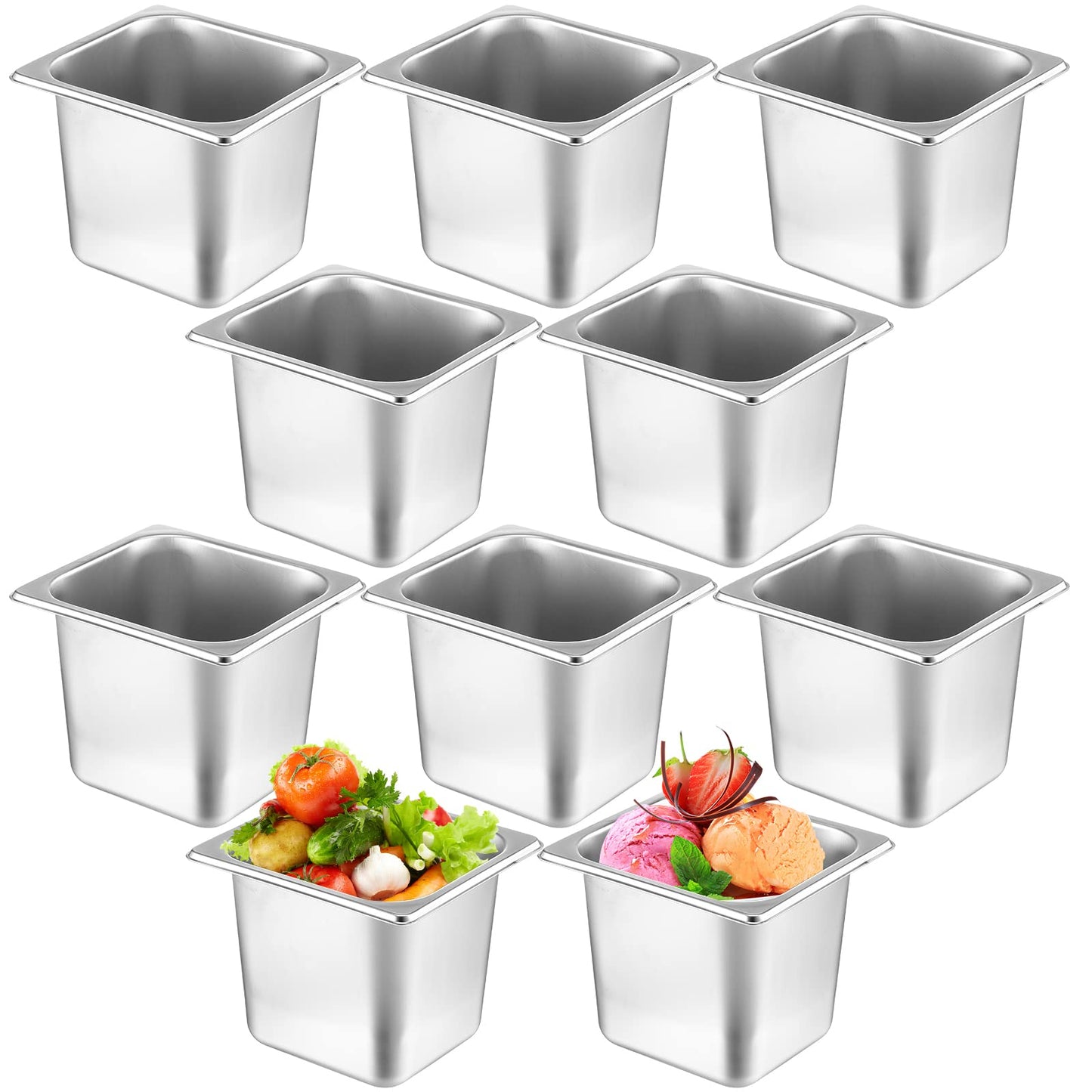 Thenshop 10 Pack Hotel Pans Stainless Steel Steam Table Food Pan Commercial Metal Food Catering Tray Anti Jam for Hotel Restaurant Buffet Party Supplies(Standard,1/6 Size X 6 Inch Deep)