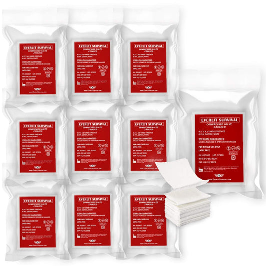 Everlit [10 Pack] Z-Folded Compressed Sterile Gauze 4.5" x 4.1 Yards, 6-Ply White Cotton, Essential First Aid and Stop The Bleed Kit Supply for Home, Medical, and Tactical Emergency Use (10)
