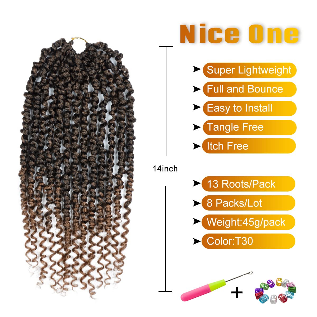 Nice One Pre-Twisted Passion Twist Hair 14 Inch, Short Passion Twist Crochet Hair for Women 8 Packs Ombre Brown Pre-Looped Passion Twists Braiding Synthetic Hair Extensions (14inch,T30#)