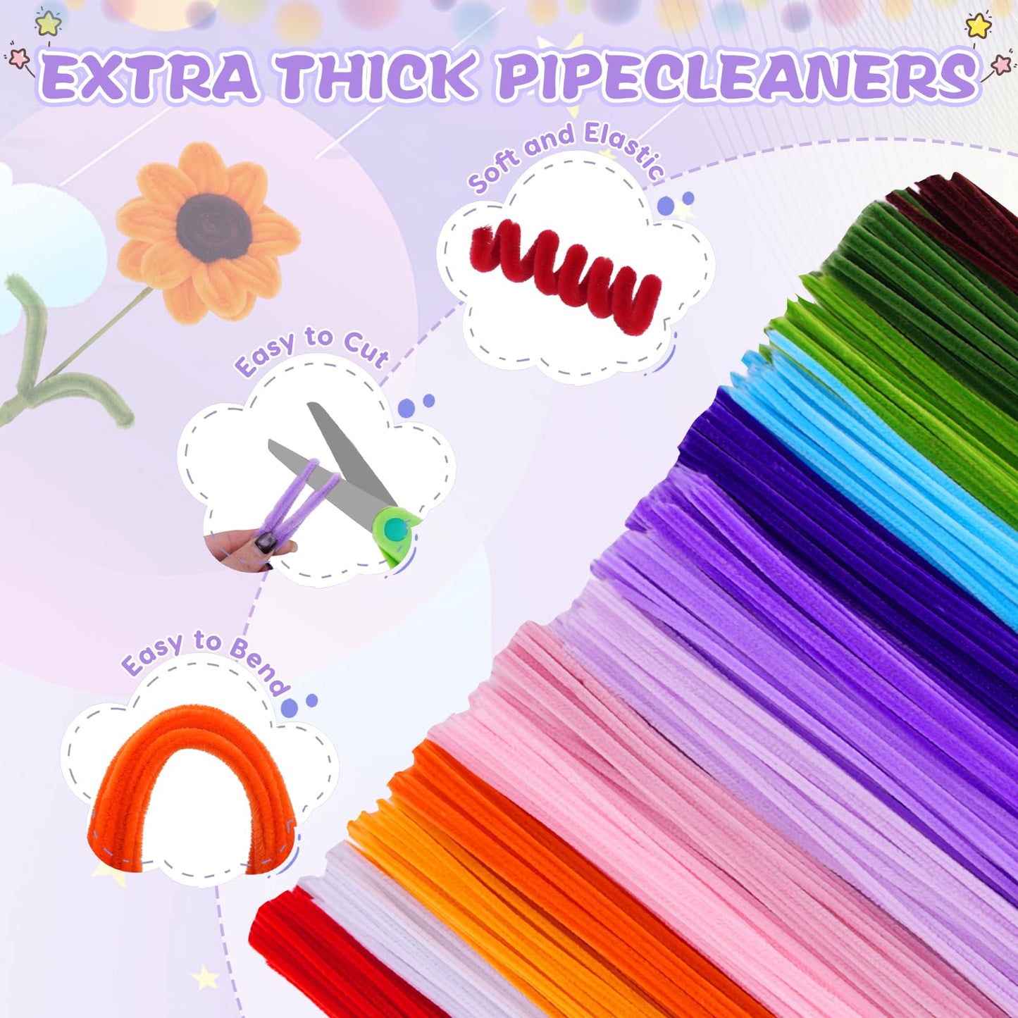 900 PCS Pipe Cleaners Craft, Pipe Cleaners Flowers Kit with Handle,14 Colors Chenille Stems with Instruction, Art and Craft Supplies