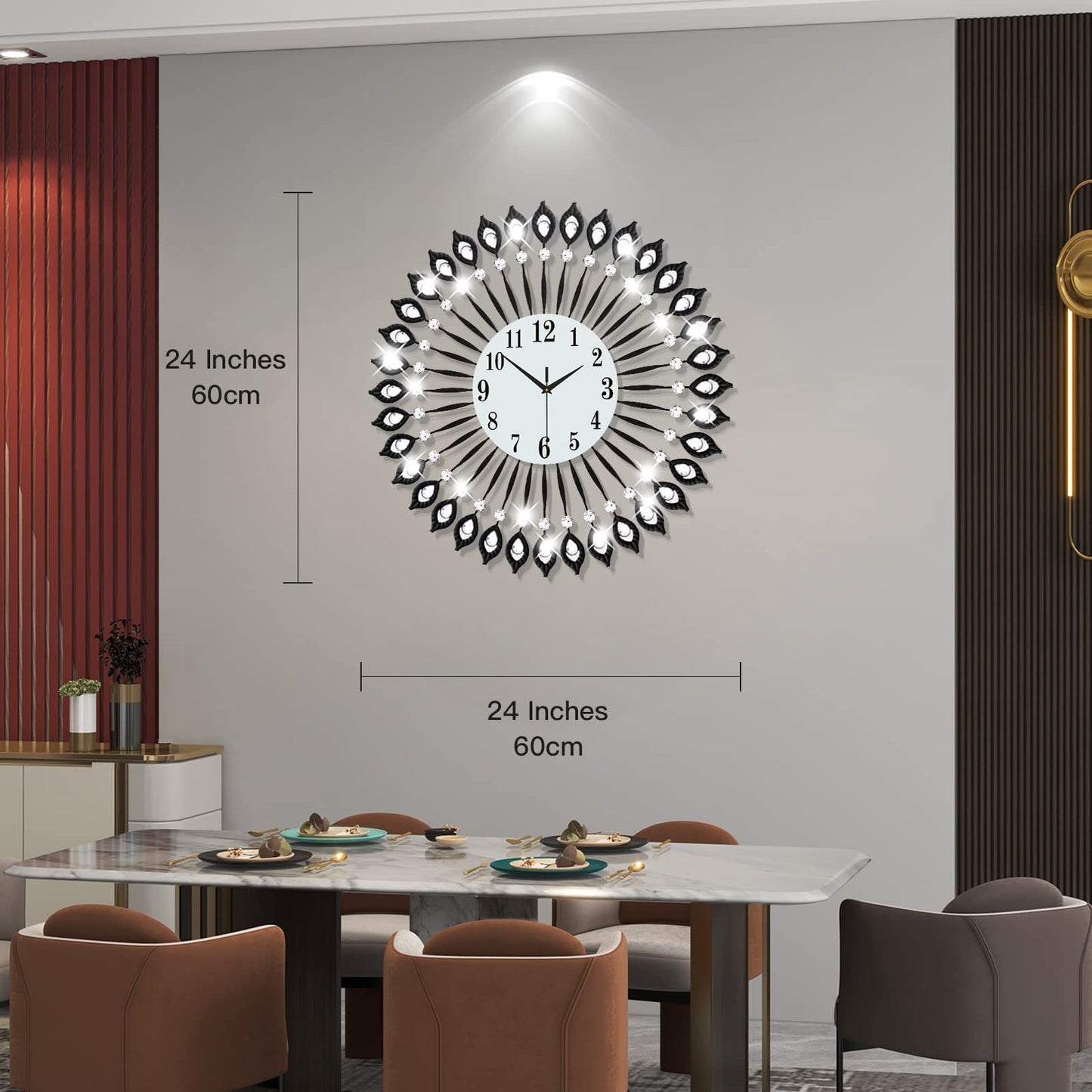 JTWALCLOCK Modern Large Wall Clock for Living Room Decor Extra Wall Clock for Bedroom Kitchen Office Indoor 24 Inches Home Decoration Big Black Crystal Wall Clocks Battery Operated Non Ticking Quartz