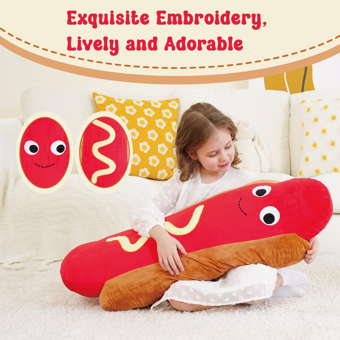 Zctghvy Giant Hot Dog Plush Pillow – 35 Inch Funny Food Plush Toy, Soft Stuffed Hot Dog Pillow, Oversized Hugging Cushion, Jumbo Plushie for Kids, Birthday