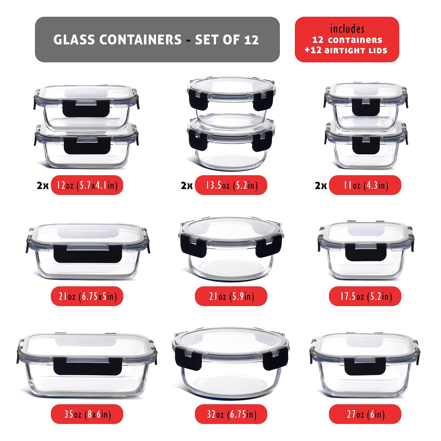 EATEX 24pc Glass Storage Containers with Lids, 12 Set Glass Food Storage Containers with 12 Airtight Lids, Pantry Kitchen Meal Prep Containers for Lunch, Freezer Storage Containers, Jet Black