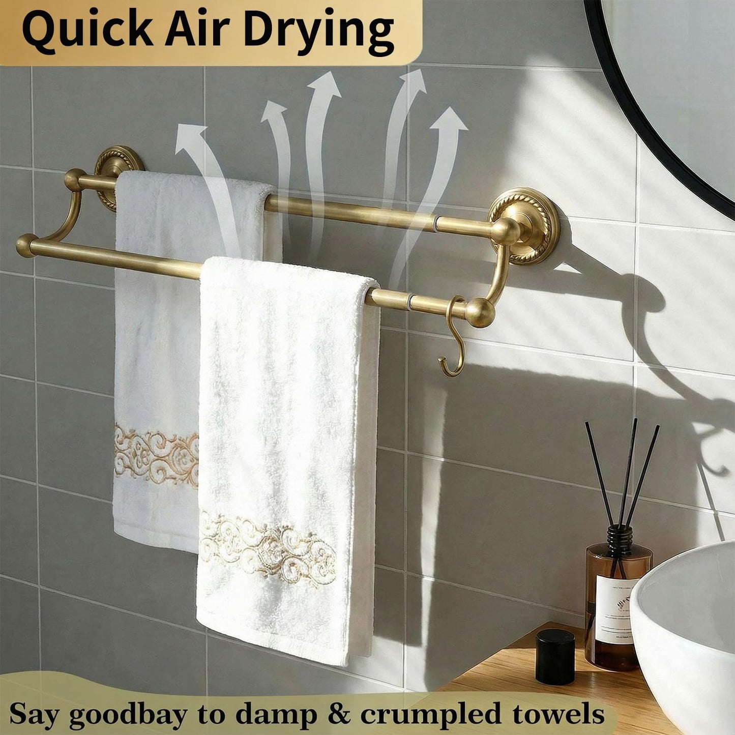 Double Towel Bar, Antique Brass Bathroom Towel Racks Wall Mounted, Adjustable Vintage Gold Towel Bar Fits 16.4 to 27.8 Inch Wall Space, Heavy Duty Rustproof Brass Towel Rod Holder for Kitchen Laundry