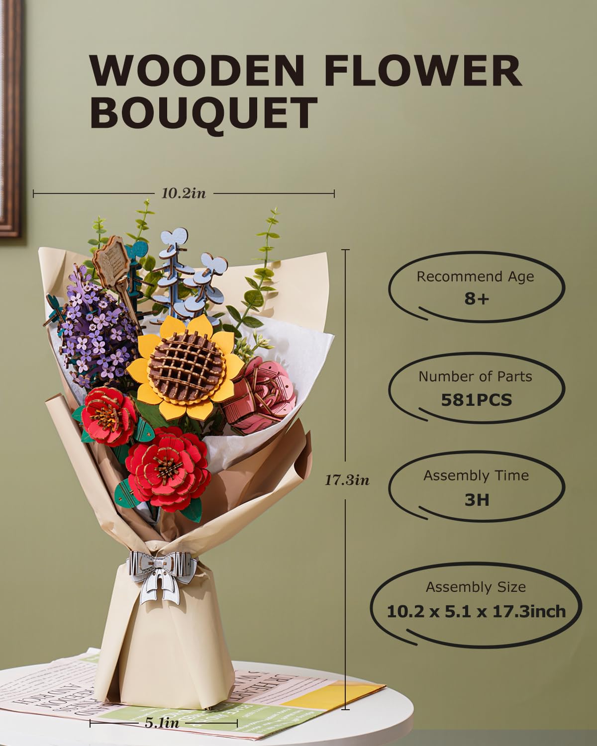 ROBOTIME Wooden Flower Bouquet Building Kit TW01H, Blossom Bouquet Wooden 3D Puzzles, Crafts for Adults Creative Gift