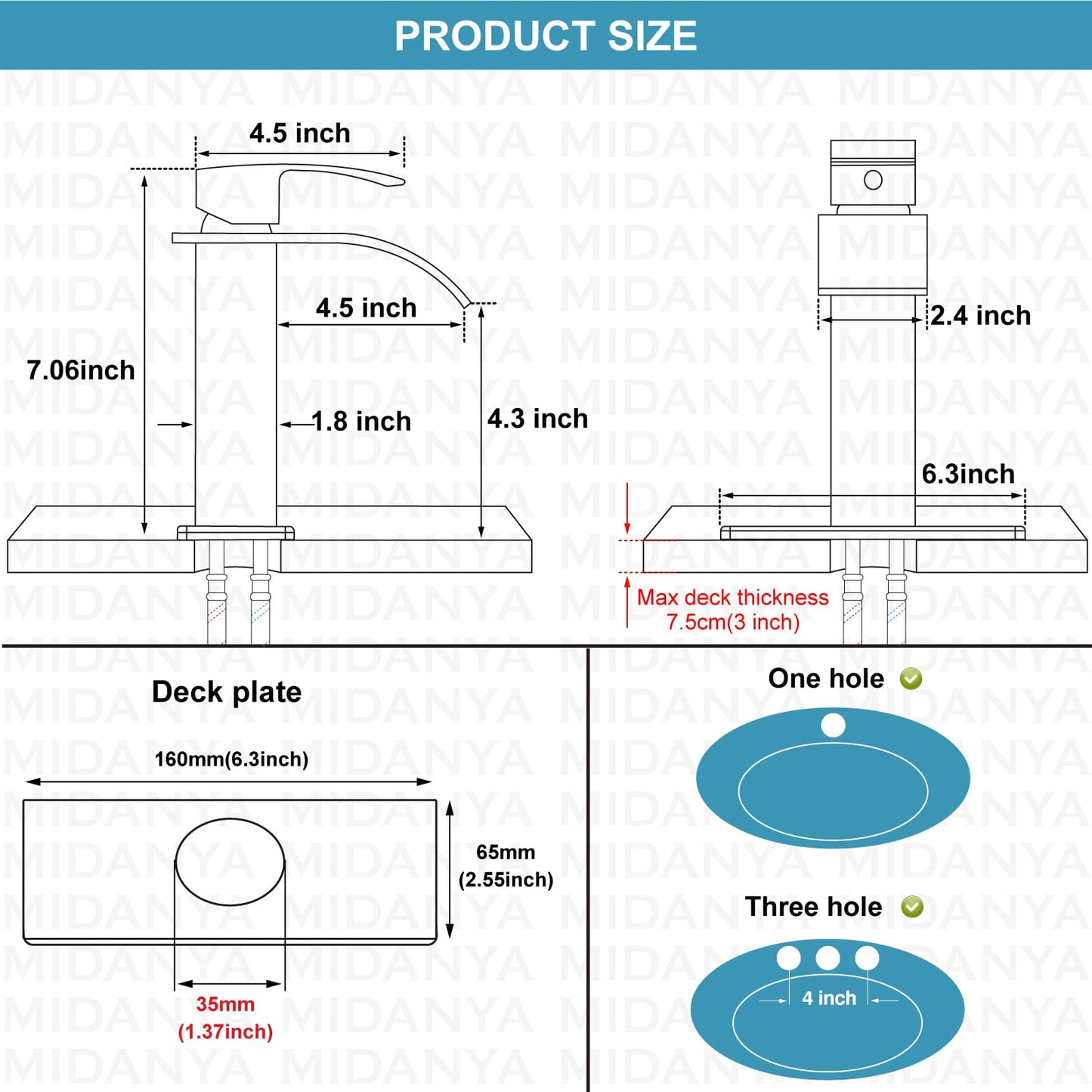Midanya Matte Black Bathroom Sink Faucet Waterfall Spout Single Handle 1 Hole Deck Mount Mixer Tap Lavatory Vanity Sink Faucet Commercial with Deck Plate and Pop Up Drain