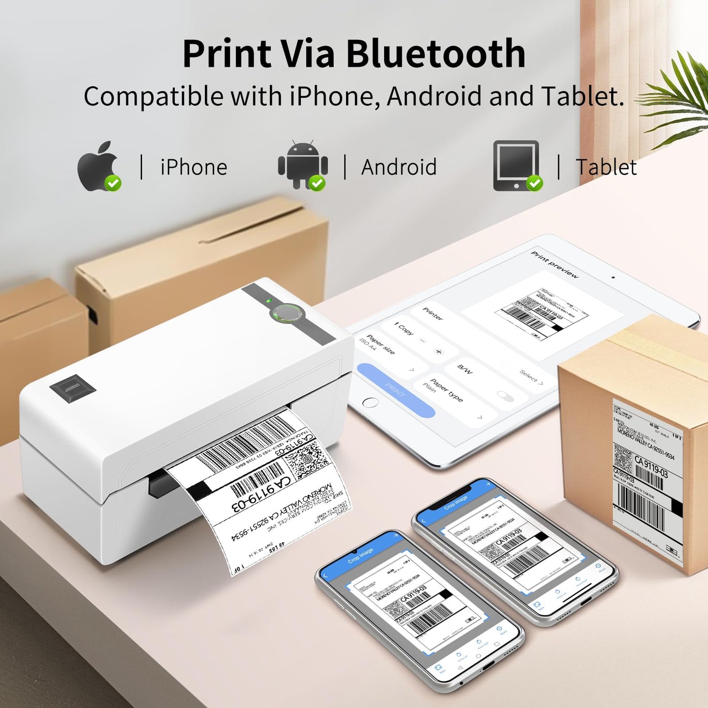 JADENS Bluetooth Thermal Label Printer, 4x6 Wireless Label Printer for Shipping Packages, Support Android, iOS, Mac OS, and Windows, Widely Used for Amazon, Ebay, Shopify, Etsy, USPS