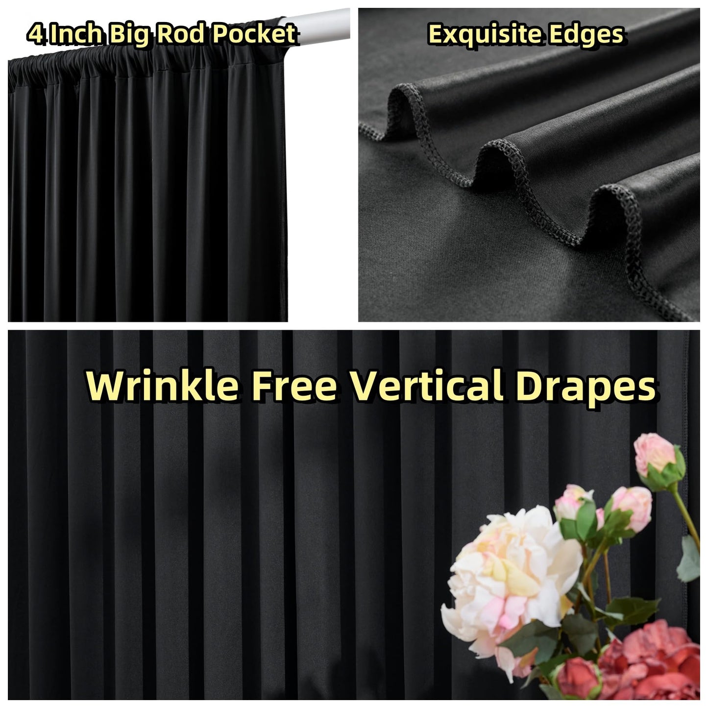 30 ft x 10 ft Wrinkle Free Black Backdrop Curtain for Parties, 6 Panels 10ft Polyester Black Photo Backdrop Drapes for Graduation Birthday Wedding Party Stage Curtains, Thick Bulk Background Curtains
