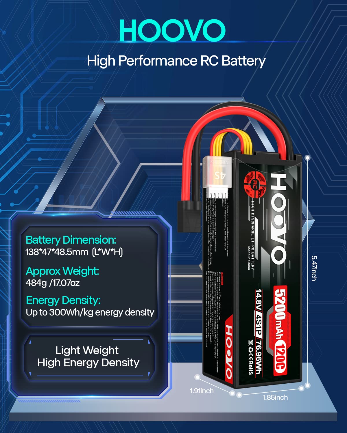 HOOVO 4S Lipo Battery 14.8V 120C 5200mAh RC Car Battery Hard Case with TR Plug Compatible for 1/8 and 1/10 RC Car Buggy Truggy Truck Slash 4X4 Crawler Monster 2 Pack