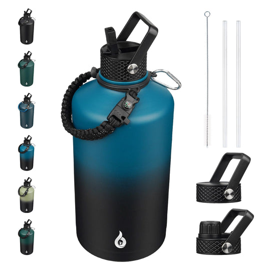 BJPKPK 1 Gallon Water Bottle with Straw Lid, 128oz Large, Stainless Steel Water Bottles with 3 Lids and Paracord Strap, Double Wall Vacuum Metal Water Jug, Blue & Black