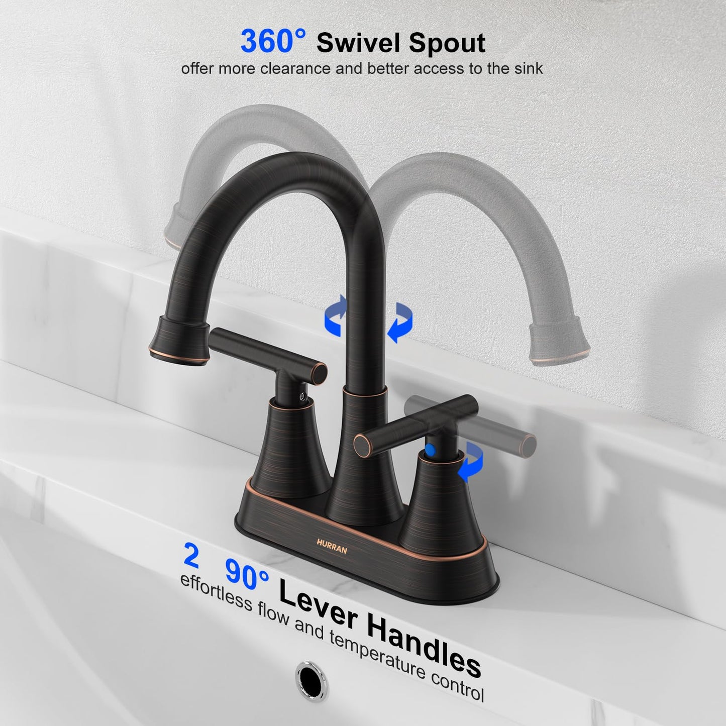Bathroom Faucets for Sink 3 Hole, Hurran 4 inch Oil Rubbed Bronze Bathroom Sink Faucet with Pop-up Drain and Supply Hoses, Stainless Steel Lead-Free Centerset Faucets for Vanity RV, 2 Pack