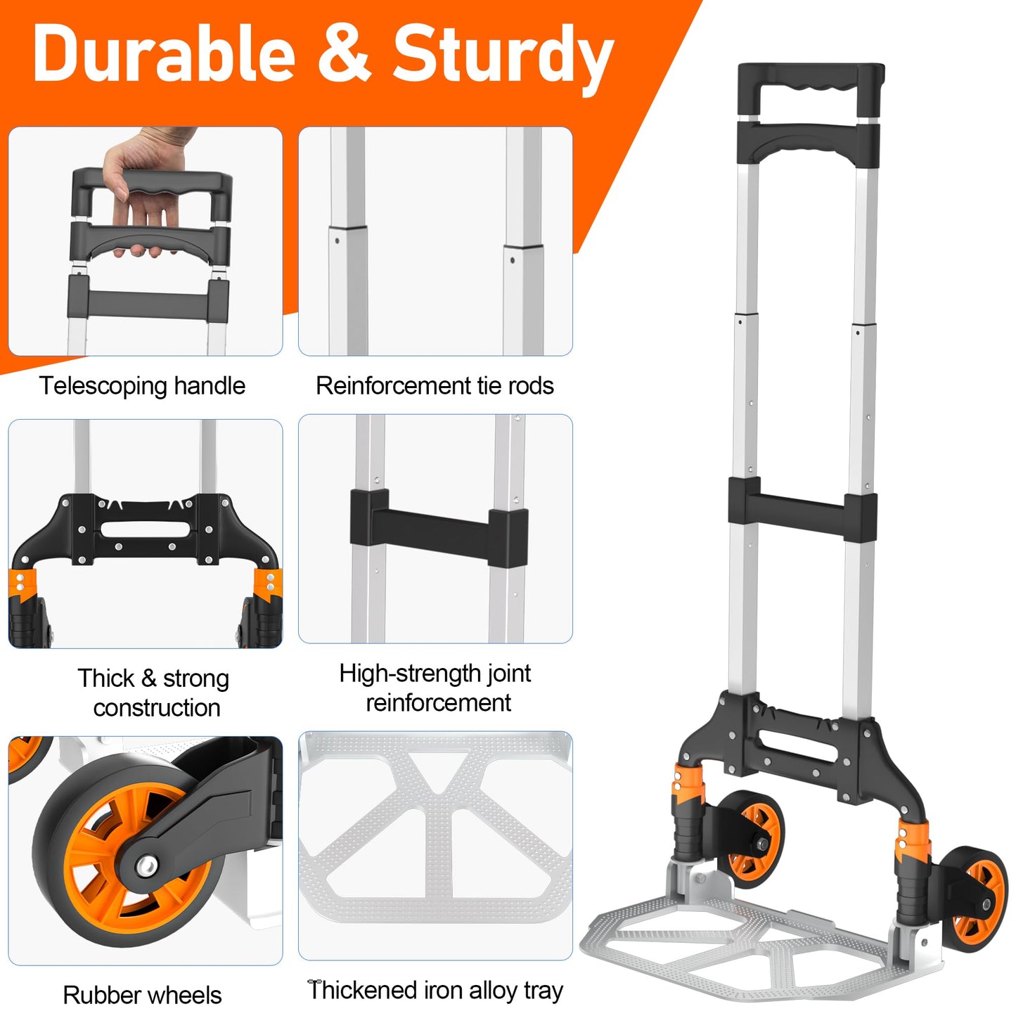 DIAMONDFORGE Folding Hand Truck, 180lbs Lightweight Foldable Dolly Cart with Wheels and Telescopic Handle, Portable Folding Dolly with Rubber Wheels for Moving Groceries, Home, Auto, Black Orange