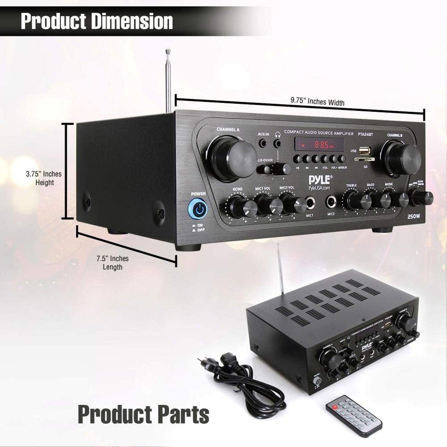 Pyle -Upgraded- 2 Channel Karaoke Home Audio Amplifier w/Bluetooth for Streaming, AUX-in, USB, 2 Microphone Input w/Echo Effect, Talkover for PA, Compact Footprint, Black