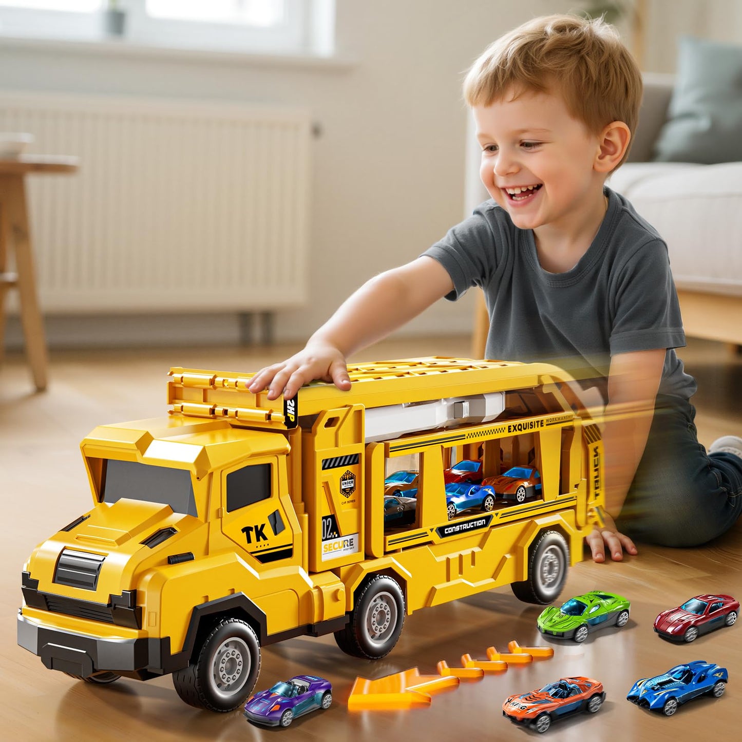 XINNOVEL Toddler Car Truck Toys for 3 4 5 6 7 8 Years Old Boys, Transporter Truck Toy Track Set with 12 Die-Cast Car Toys, Toy Gifts for 3 4 5 6 Year Old Boys Kids