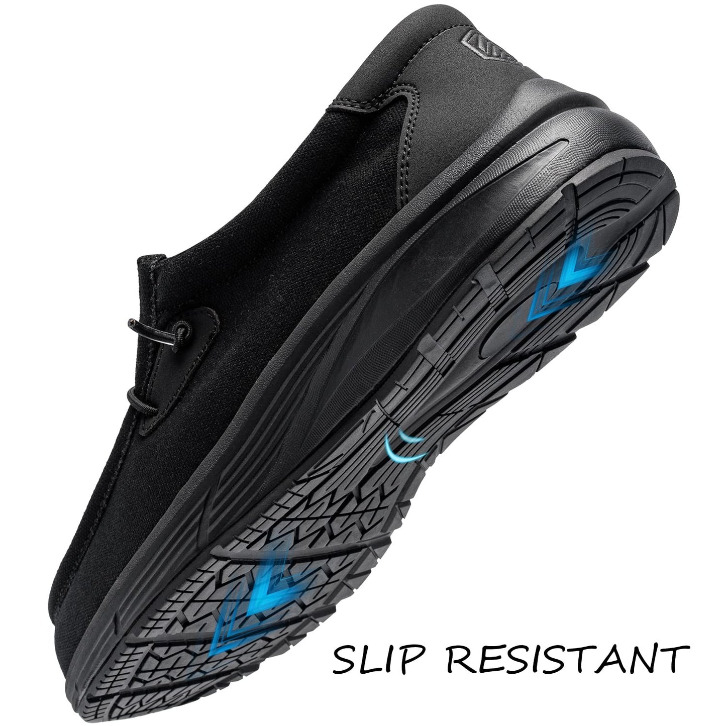 LARNMERN Men Slip On Work Shoes Non Slip Shoes Food Service Loafers Kitchen Chef Shoes Slip Resistant Memory Fishing Driver Boat Shoes Canvas Casual Walking Shoes /10.5US/Black