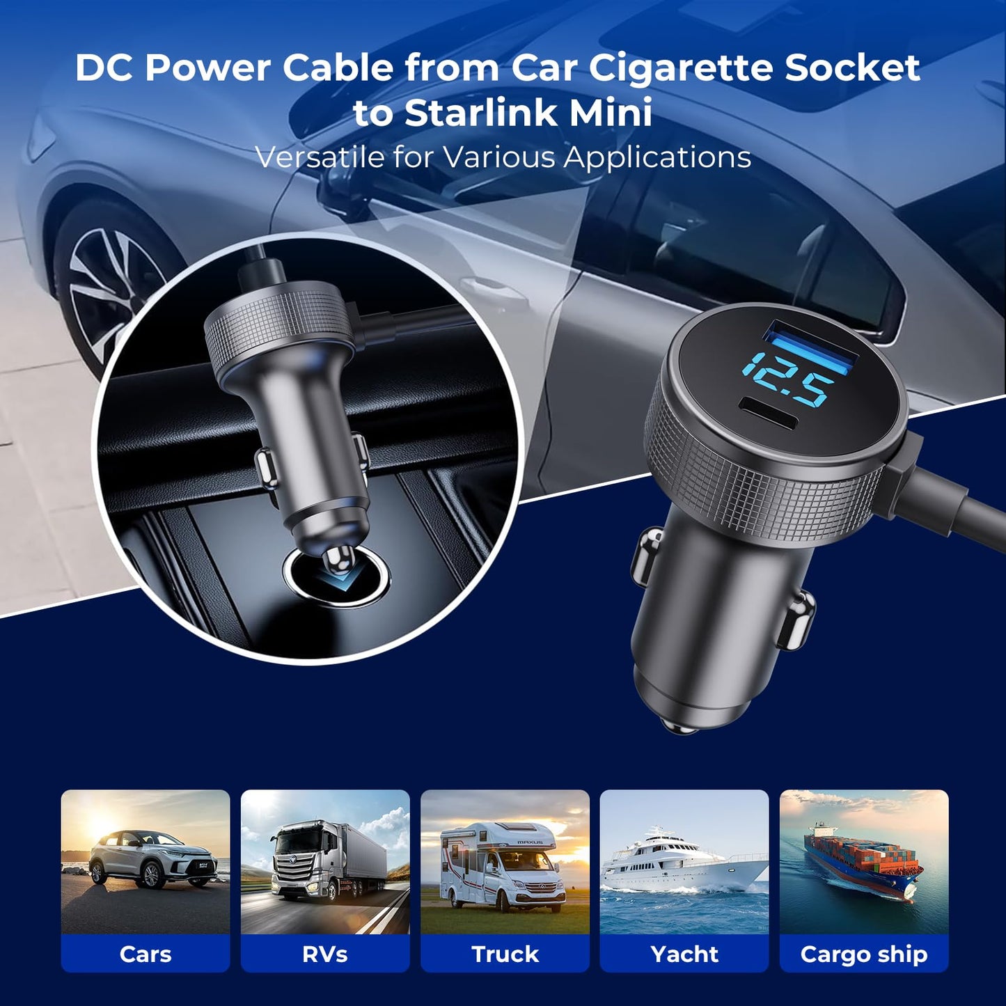 Starlink Mini Cable, 3 in 1 Starlink Mini Car Charger DC Power Cable+ Cigarette Lighter Adapter 12V-48V with Digital Display, Durable USB C PD 40W and USB A 35W Ports for Trucks and Cars (16.4FT)