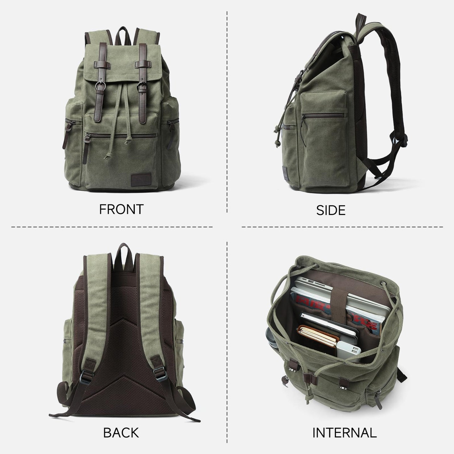 MOYYI Vintage Canvas Backpack for Men Olive Green Rucksack Fit 15.6 inch Laptop Retro Flap Daypack for Casual Hiking Travel Commute