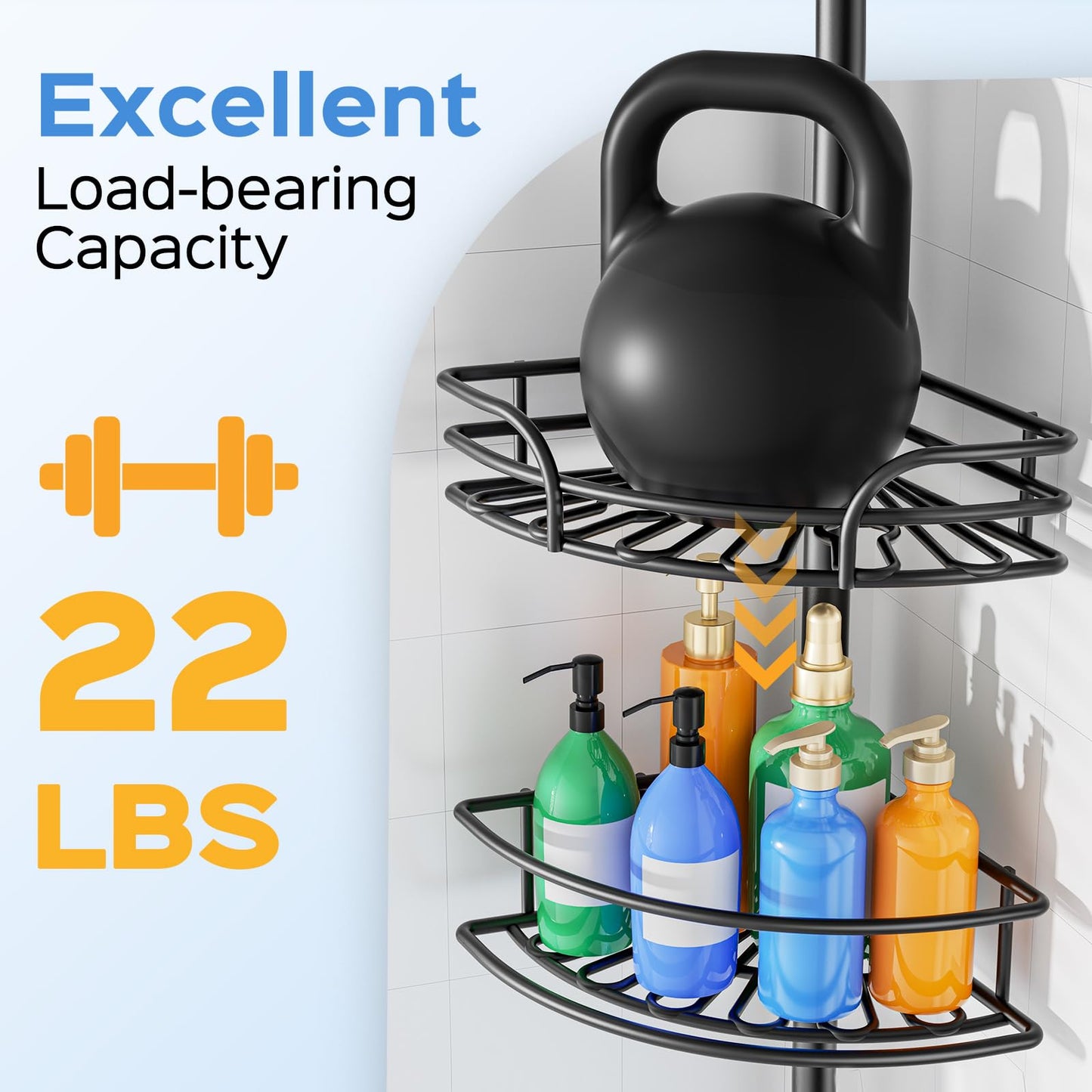 HAMITOR Corner Shower Caddy Tension Pole: 4-Tier Large Capacity Bathroom Organizer Shelf with Towel Bar - Rustproof No-Drill Adjustable 47-123 inch Storage for Renters, Home Bathtub Stand Rack, Black