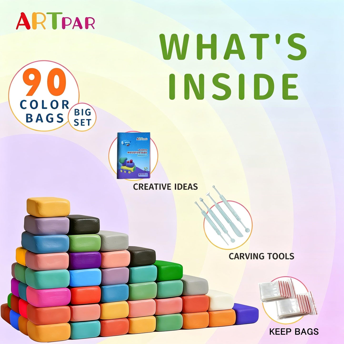 ARTPAR 90 Colors Air Dry Clay Set, 90 Individual Sealed Bags, Soft Modeling Clay for Kids Ages 3+, Non-Stick DIY Craft Supplies, Gift for Girls Boys