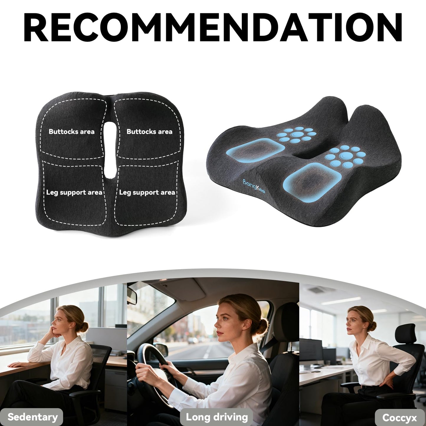 Bangkee 18x16 Inch Memory Foam Seat Cushion for Office, Travel, Car