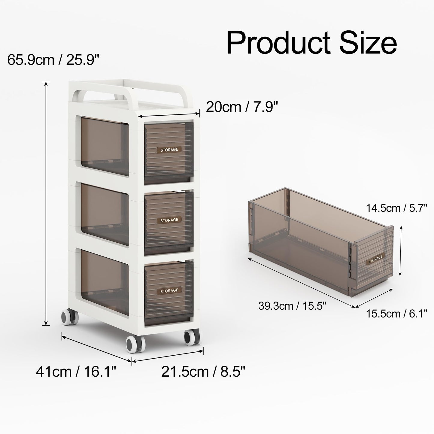 ZHYOCOGY Bathroom Storage with Drawers, 7.87" Wide Slim Storage Cabinet with Wheels for Small Spaces, Narraw Cart for Kitchen Office Bedroom Dinning Room Under Desk, 26" Tall