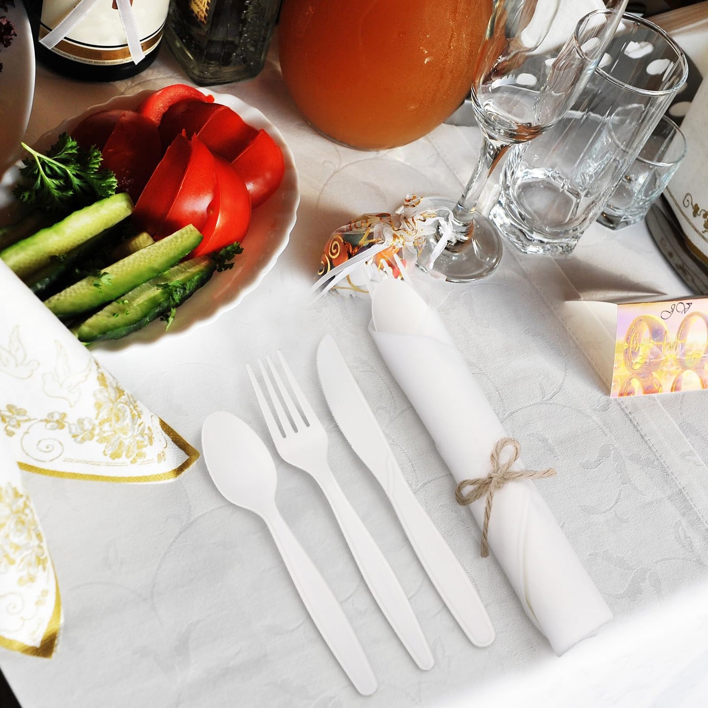 Honeydak Pre Rolled Napkin Cutlery Set 100% Compostable Utensils (200pcs, 50set) 7" Large Disposable Utensils Wrapped Forks Knives Spoons Napkins Cornstarch Silverware Cutlery for Party (White)