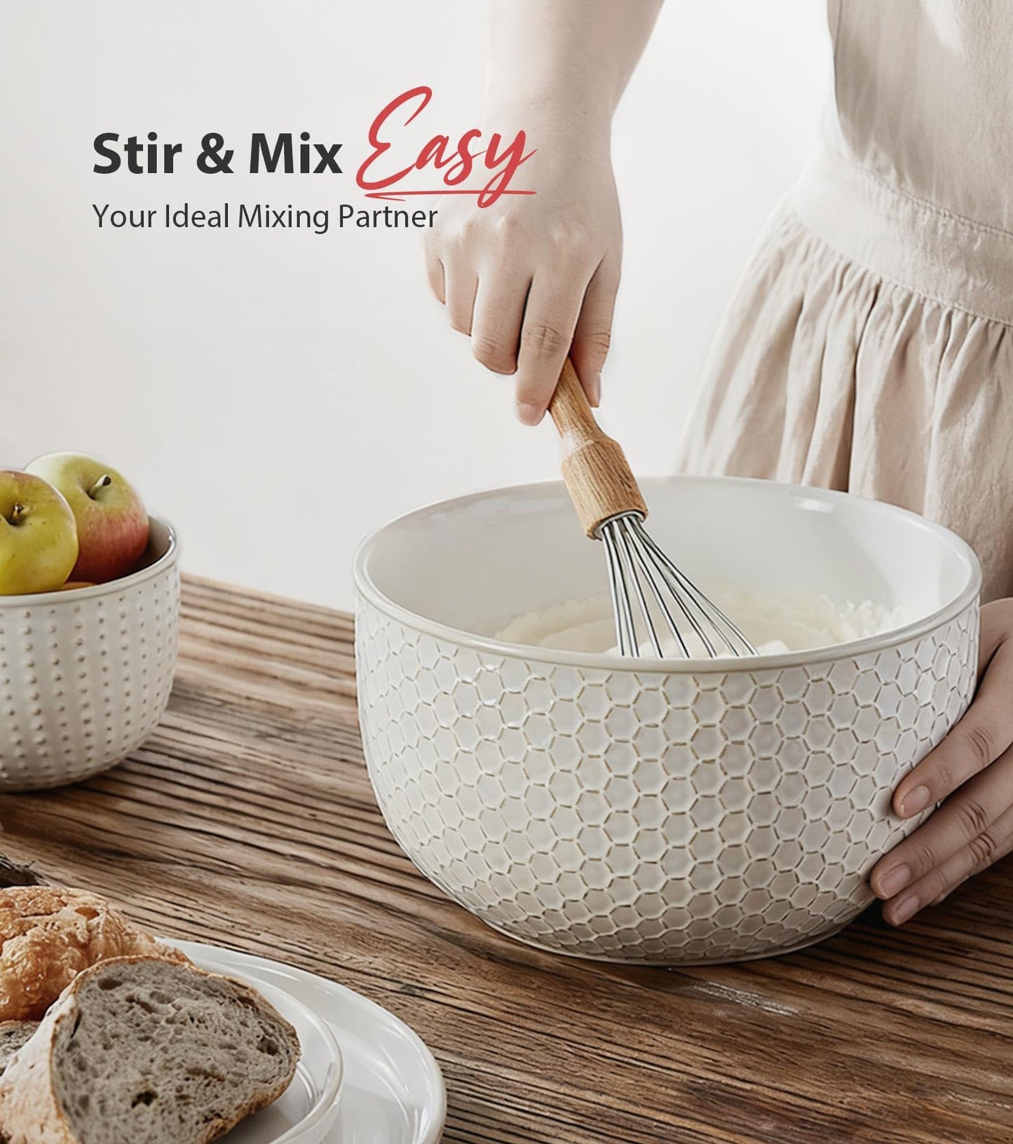 Lareina Ceramic Large Mixing Bowls Set of 4, Nesting Bowls for Cooking, Baking, Salad Etc, Serving Bowls Gift, Kitchen Stoneware, Oven, Microwave and Dishwasher Safe - 20/44/98/145 OZ, Ivory White