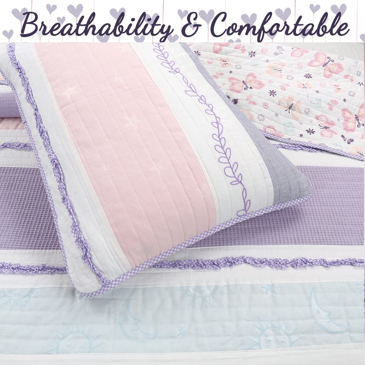 Cozy Line Home Fashions Lavender Blue Pink Ruffles Girl 100% Cotton Reversible Quilt Bedding Set, Coverlet, Bedspread (Purple Dream, Queen - 3 Piece)