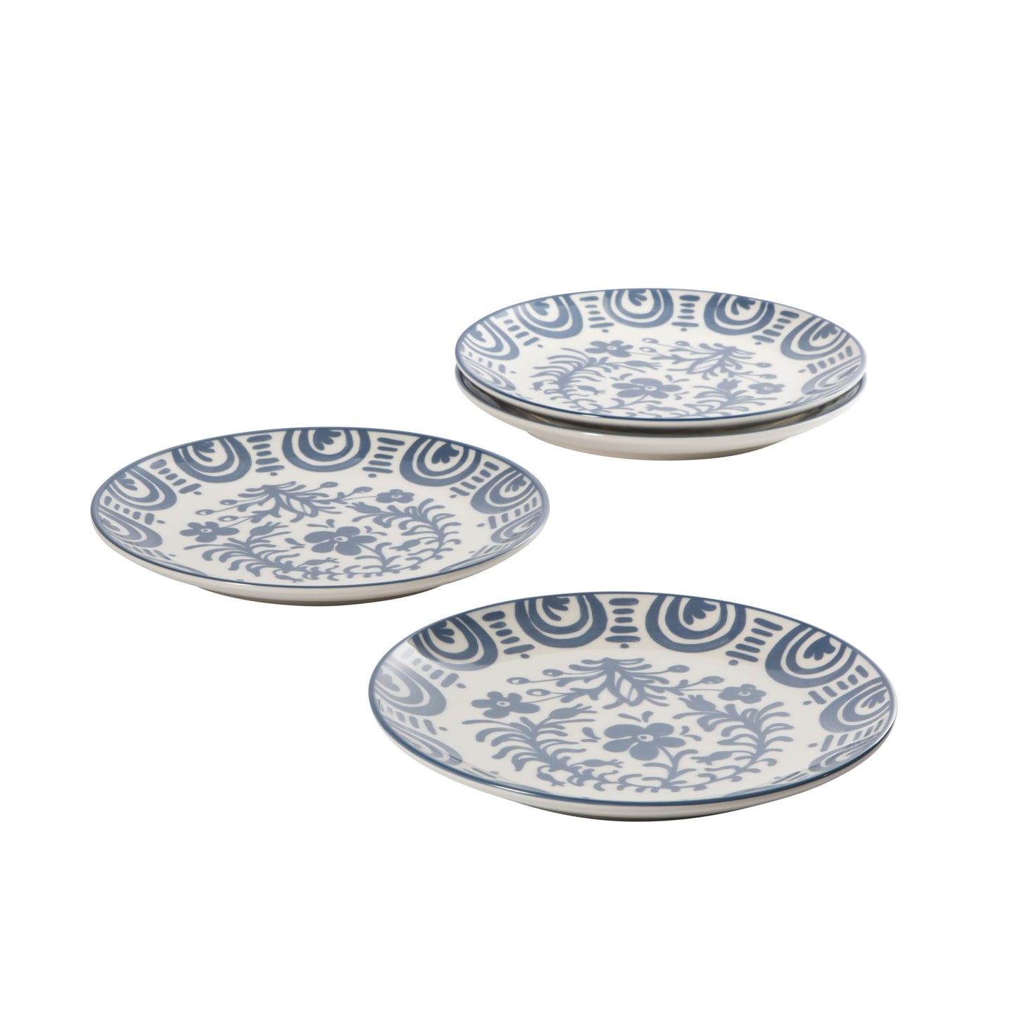 Bloomhouse - 2-Time Oprah’s Favorite Things - Valencia Flor 4 Piece Dessert & Salad Plate Set, 8.75” Stoneware Plates, Mediterranean Floral Decal Design, Microwave & Dishwasher Safe, Iris Blue