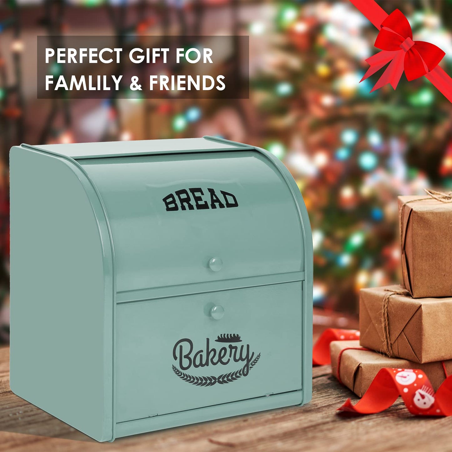 Pitmoly Stainless Steel Bread Box, 2 Layer Roll Top Bread Boxes, Large Capacity Food Storage Container for Kitchen Counter, Metal Bread Bin, Bread Holder for Countertop 11.8" x 9.6" x 12.8" (Green)