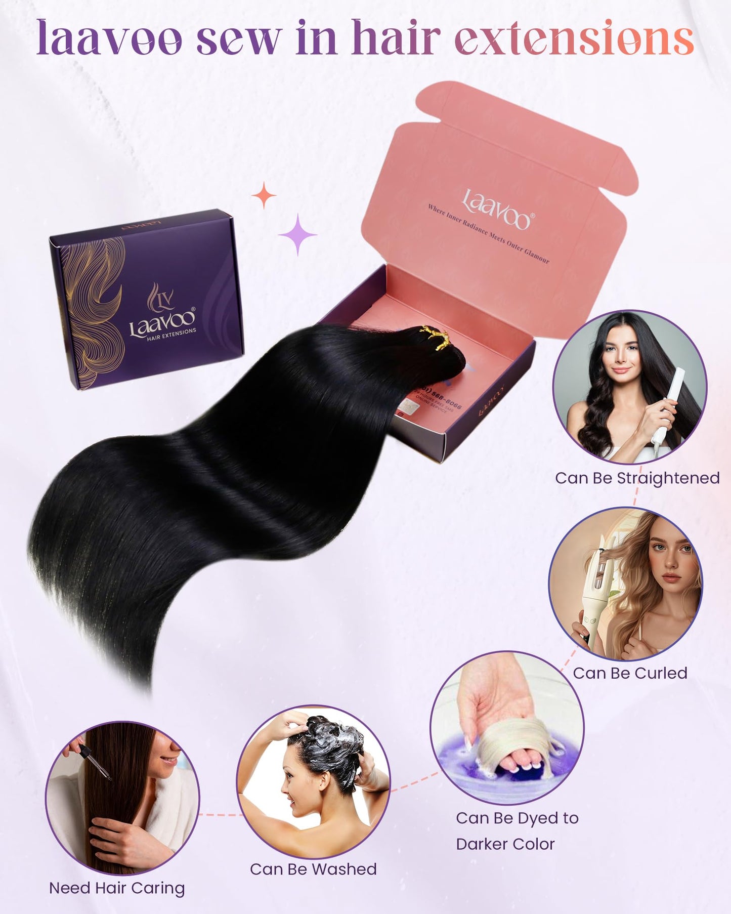LaaVoo Sew in Hair Extensions Real Human Hair Double Weft Hair Extensions Sew in Black Women Human Hair Weft Extensions Jet Black 18 Inch 100g