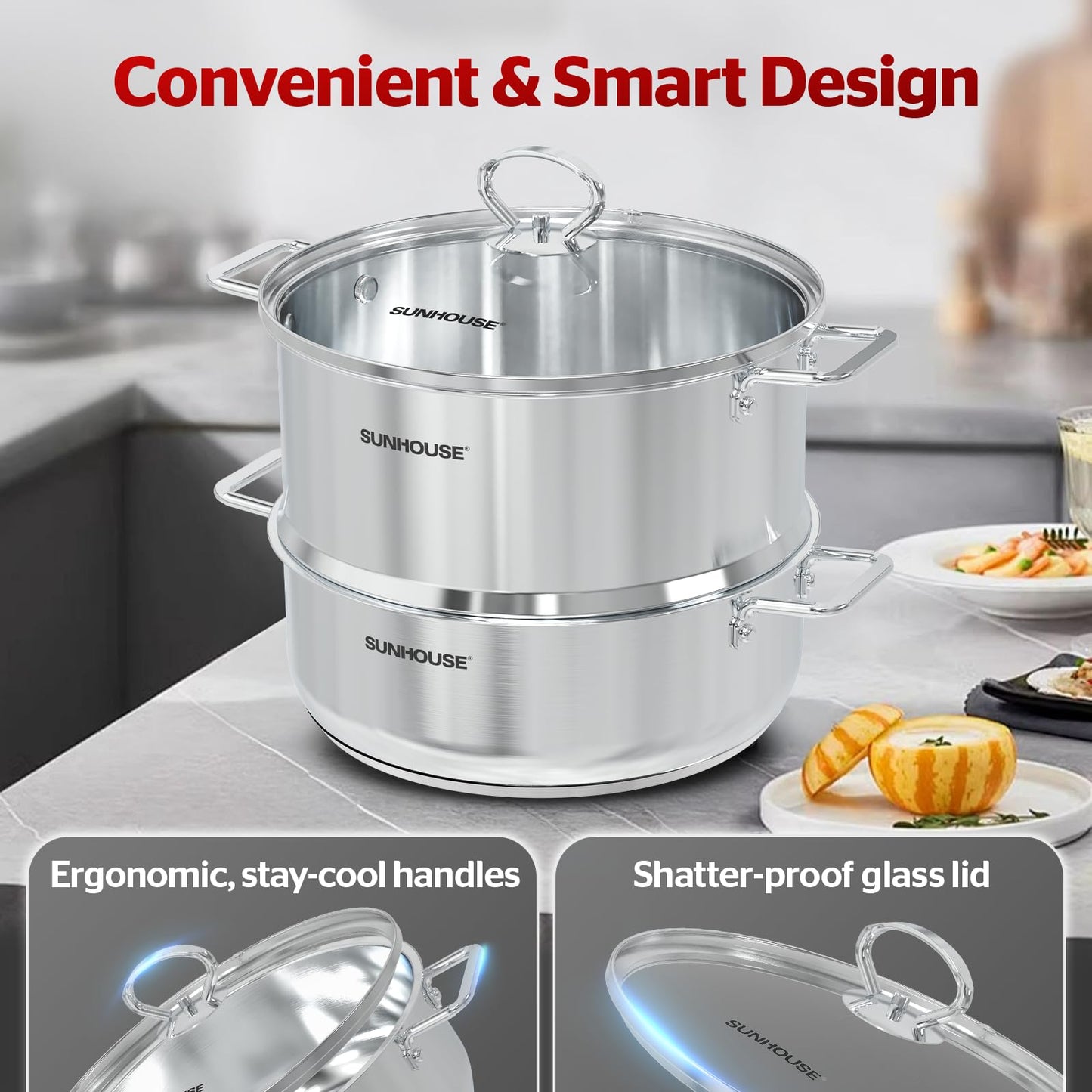 SUNHOUSE 2-Tier Stainless Steel Steamer Pot for Cooking - Large 5.5 QT Steamer Basket & 3.8 QT Stockpot - Tri-Ply Base Vegetable Steamer with Stay-Cool Silicone Handles and Lid - Induction Compatible