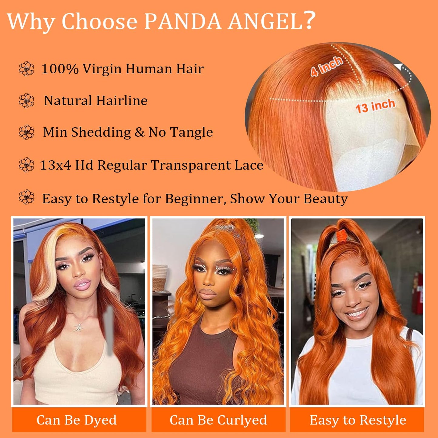 PANDA ANGEL Ginger Wig Human Hair 13x4 Straight Ginger Orange Lace Frontal Wigs Human Hair Hd Transparent Wear and Go Glueless Wigs Human 350# Ginger Straight Wig Human Hair for Women 26 Inch