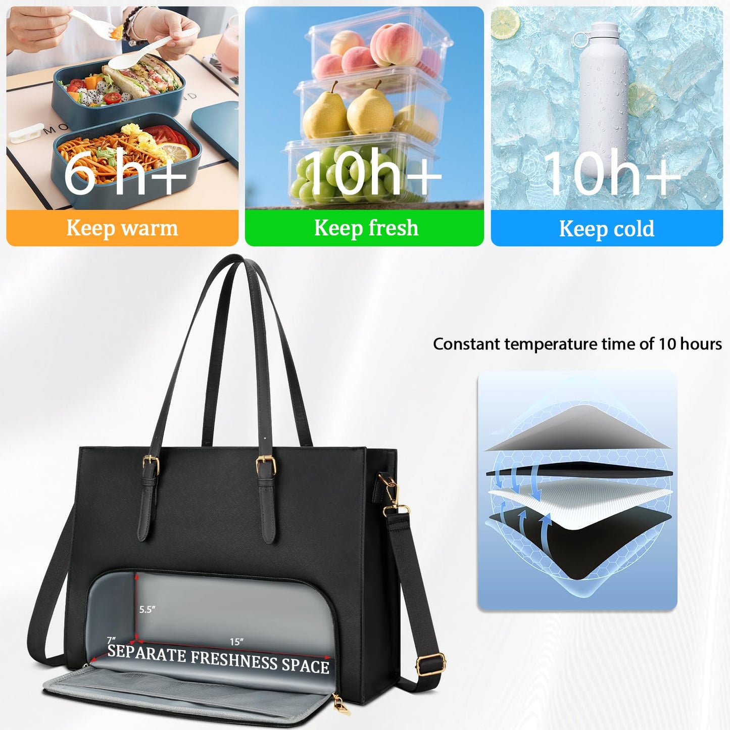 KKXIU Lunch Tote Bag for Women 15.6 Inch Laptop Briefcase Work Bag with Insulated Lunch Compartment Messenger Handbags for Business, Work, Nurse, Office, Collage, Casual, Gift for Women