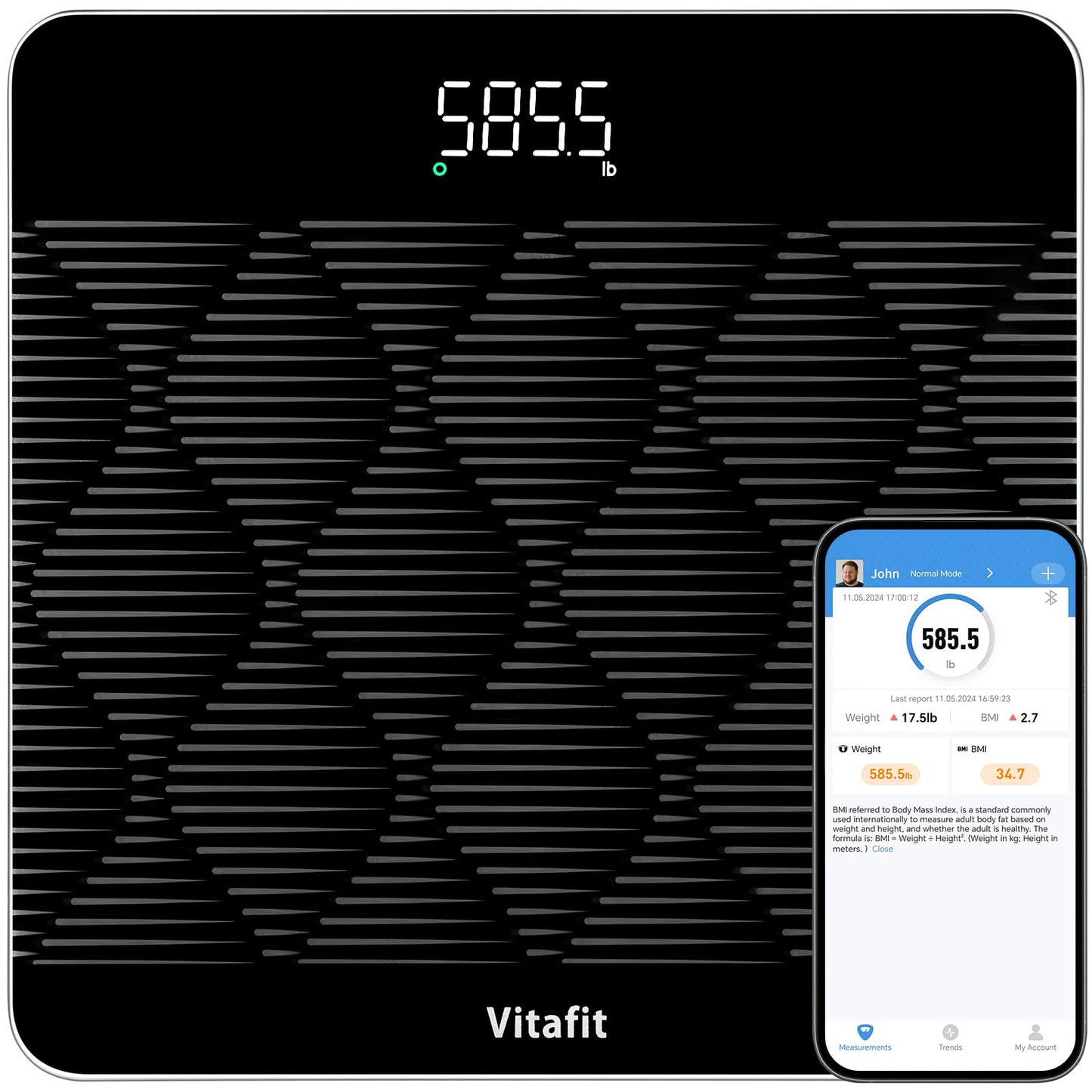 Vitafit FSA&HSA 660lb Weight Scale, Accuracy 0.1lb by Our Professional Scale Factory Since 2001,Smart Digital Scale for Body Weight BMI via APP, 8mm Non-Slip Tempered Glass 12.4" x 12.4",3xAAA, Black