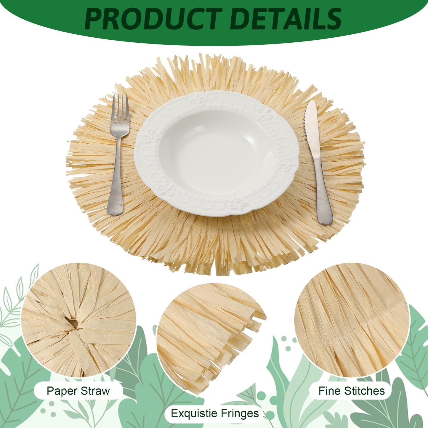 Sunnychicc 24 Pack Luau Placemats and Palm Placemat, Round Luau Fringe Place Mats Tropical Palm Leaf Place Mats Bulk Summer Hawaiian Plate Chargers Table Placemats Tropical Party Supplies