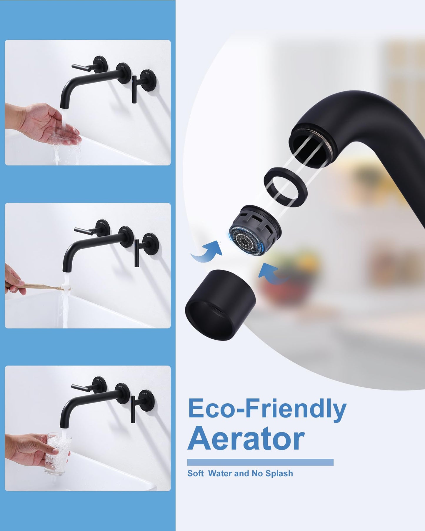 WOWOW Wall Mount Bathroom Faucet Matte Black Wall Faucet High Flow Two Handles Stainless Steels,Long Spout Reach,Widespread Bathroom Sink with Rough-in Valve 3 Holes Elegant Classic Spout