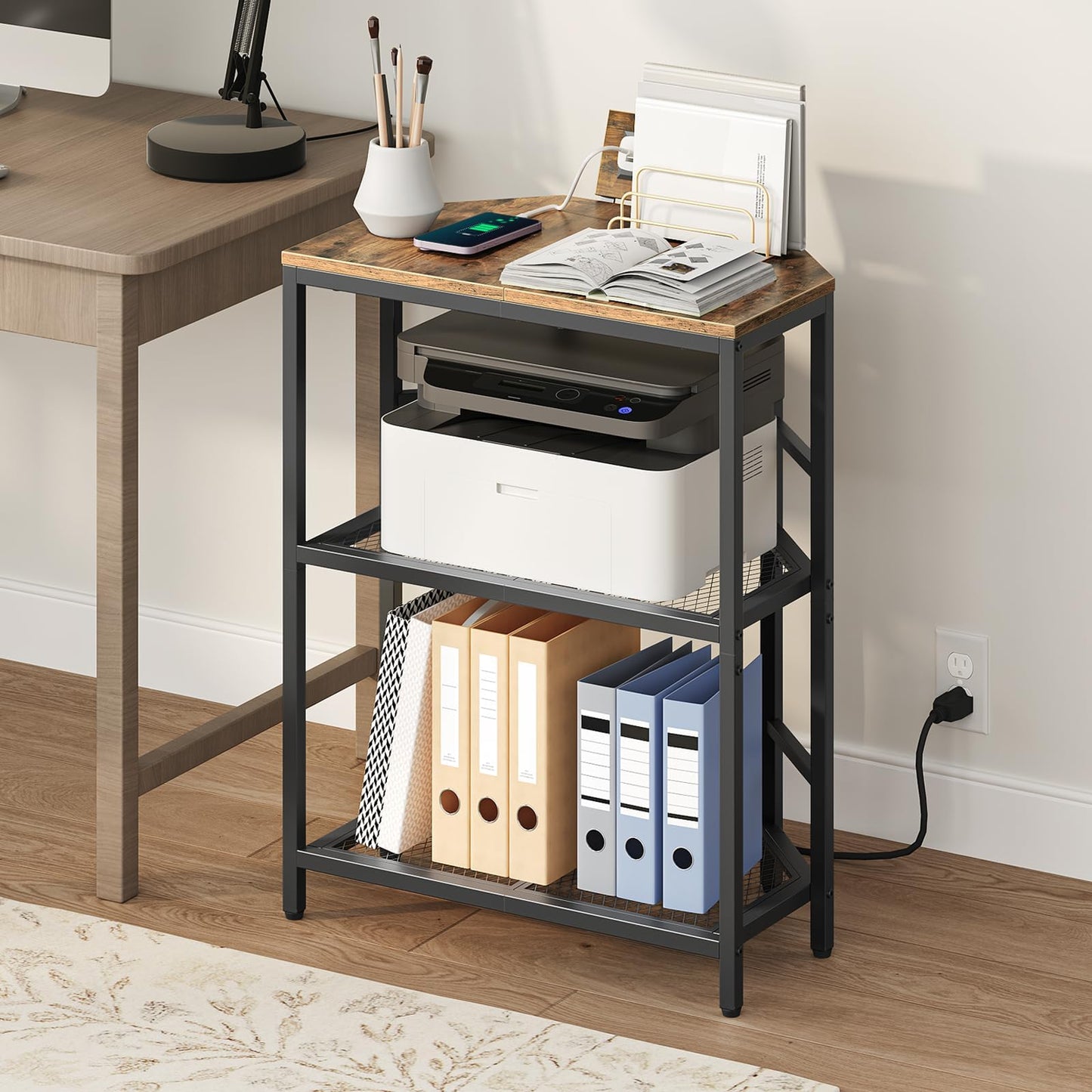 MAHANCRIS Corner Printer Stand with Charging Station, 3-Tier Large Printer Table with Adjustable Feet, Metal Frame Storage Shelf for Office, Living Room, Small Space, Rustic Brown PTHR14E01