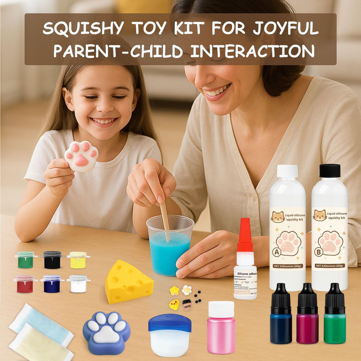 GDDP Squishy Making Kit, 18oz DIY Liquid Slilicone Squishy Kit, Liquid Silicone 1:1 AB Ratio Epoxy Resin Mix with 3 Molds(Cat Claw, Cheese, Rabbit)