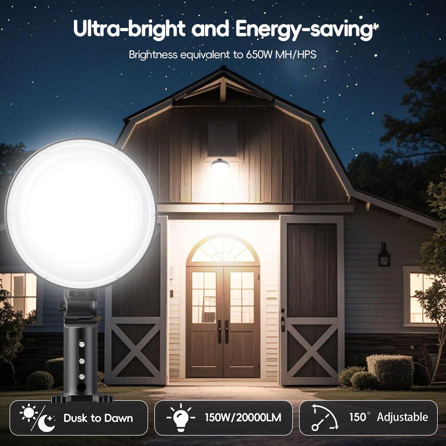 MOONTIP 150W 2 Pack LED Barn Light 20000LM Dusk to Dawn Outdoor Lighting with 150° Adjustable Photocell 6500K Daylight Yard Lights, IP66 Waterproof Area Street Light for Farmhouse Barns Warehouse