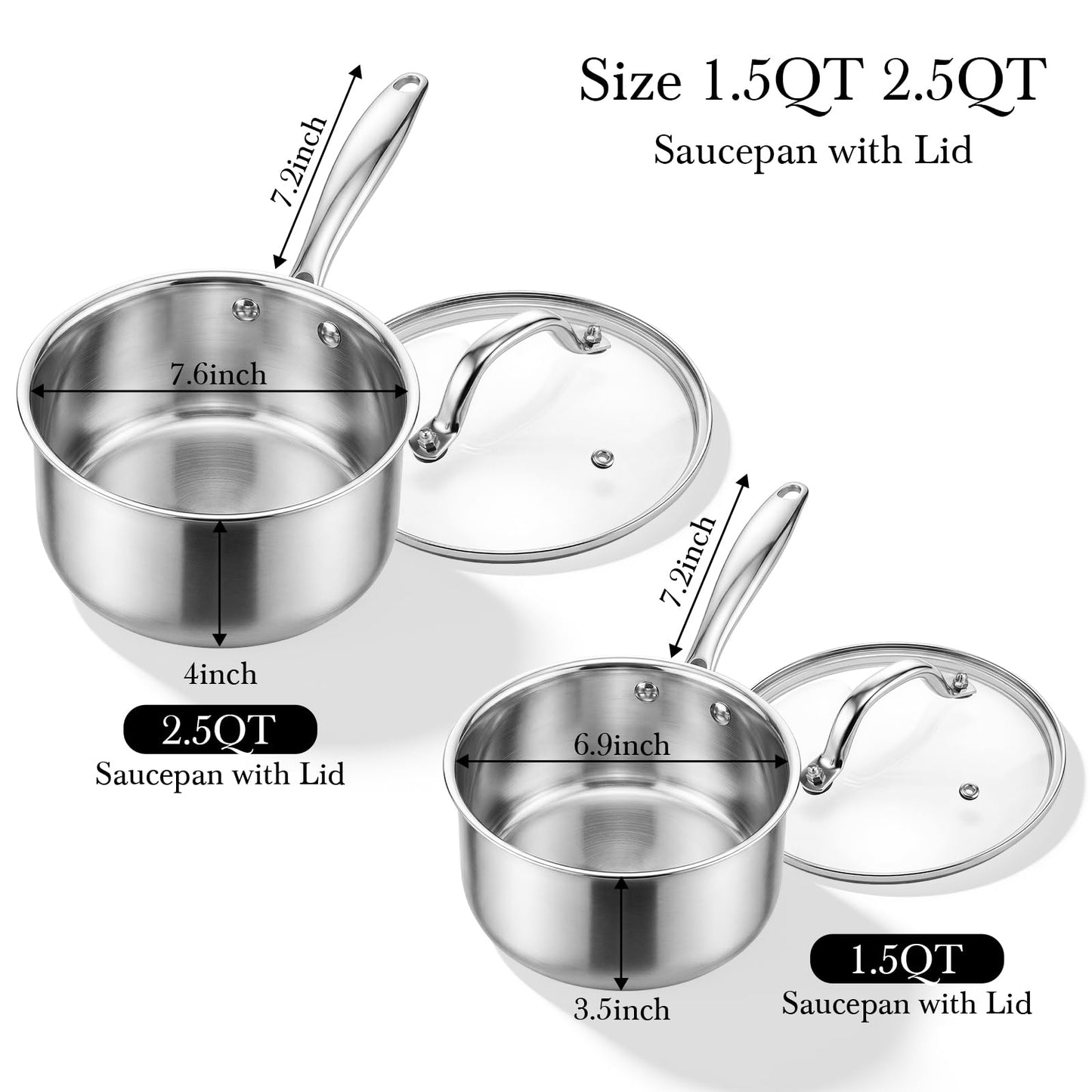 Idymere Tri-ply Stainless Steel Pot - 1.5 Qt & 2.5 Qt Heavy Duty Sauce Pan with Lid, Nonstick Stainless Steel Cookware Set Cooking Pot, Multipurpose Saucepan with Stay Cool Handle