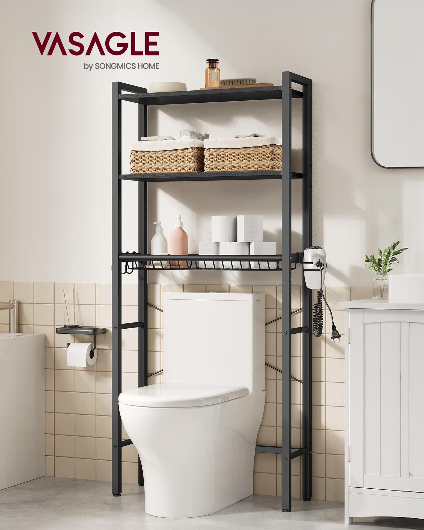 VASAGLE BARNET Collection - Over the Toilet Storage, Over Toilet Bathroom Organizer with Adjustable Shelves and Basket, 3 Hooks, Space Saving, 9.4 x 23.6 x 63 Inches, Ebony Black UBTS113BE01S