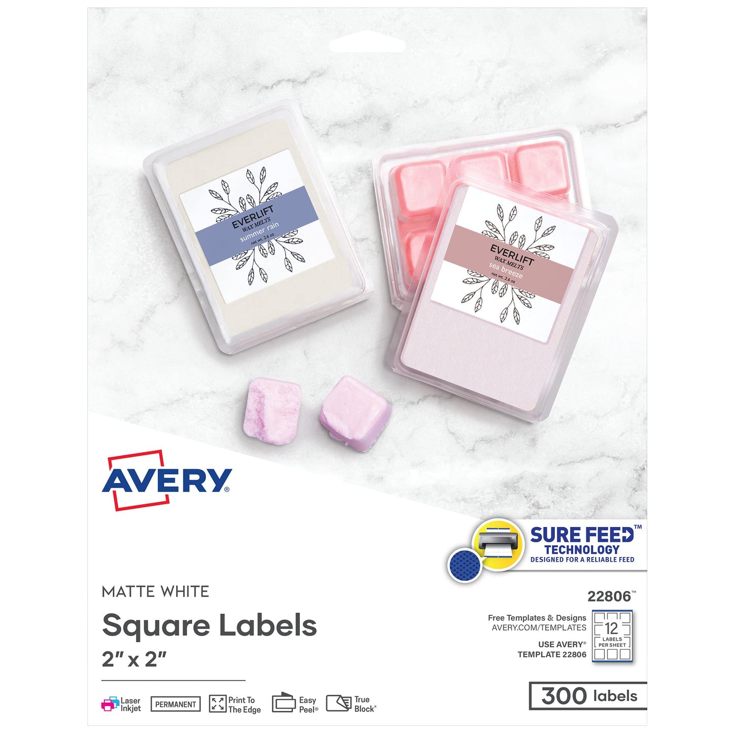 Avery Printable Square Labels, 2" x 2", Matte White, Laser & Inkjet Compatible, 300 Blank Labels per Pack, Great for High-Volume Branding, Packaging, Events, and More (5-Pack of 22806)