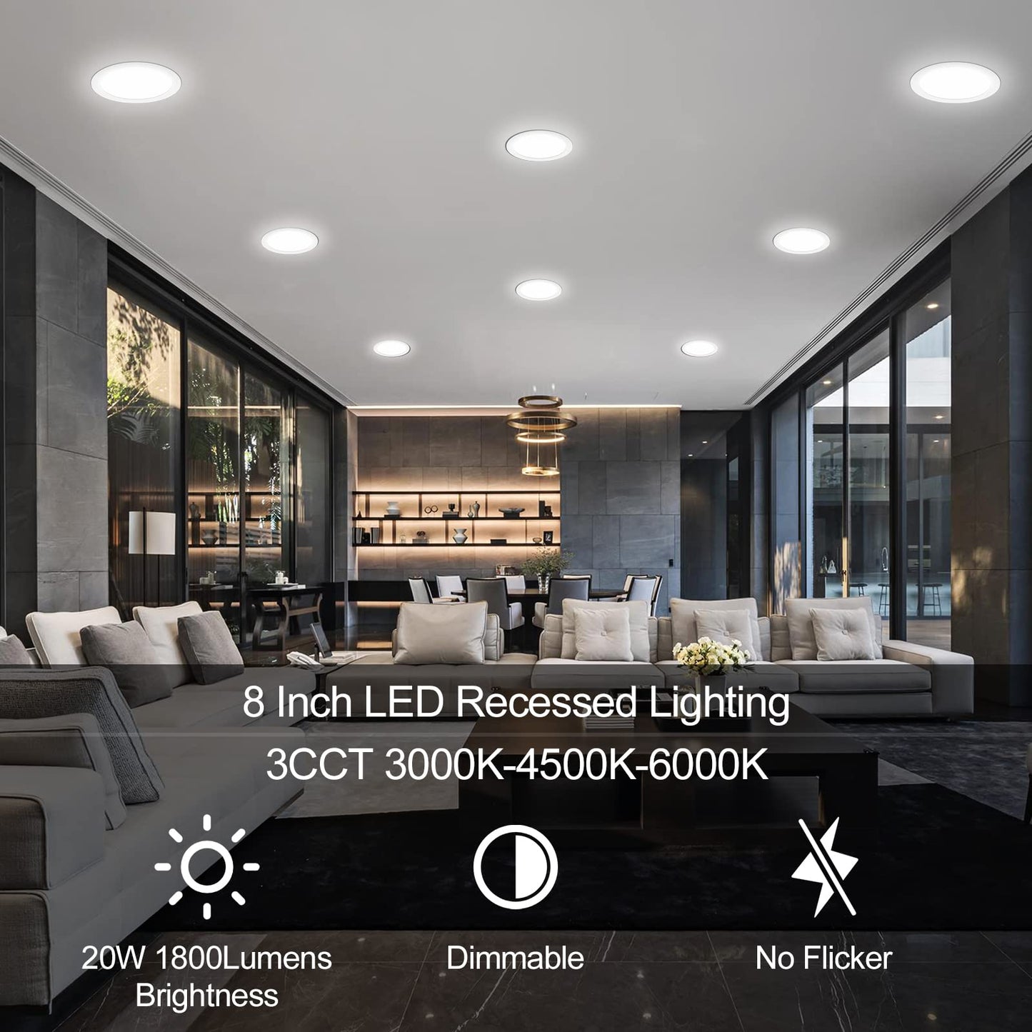 6 Pack 8 Inch LED Recessed Lighting with Junction Box Ultra-Thin, 3000K/4500K/6000K Selectable, 8" Dimmable Canless LED Downlight, 1800LM CRI80 High Brightness 5%-100% Recessed Light…