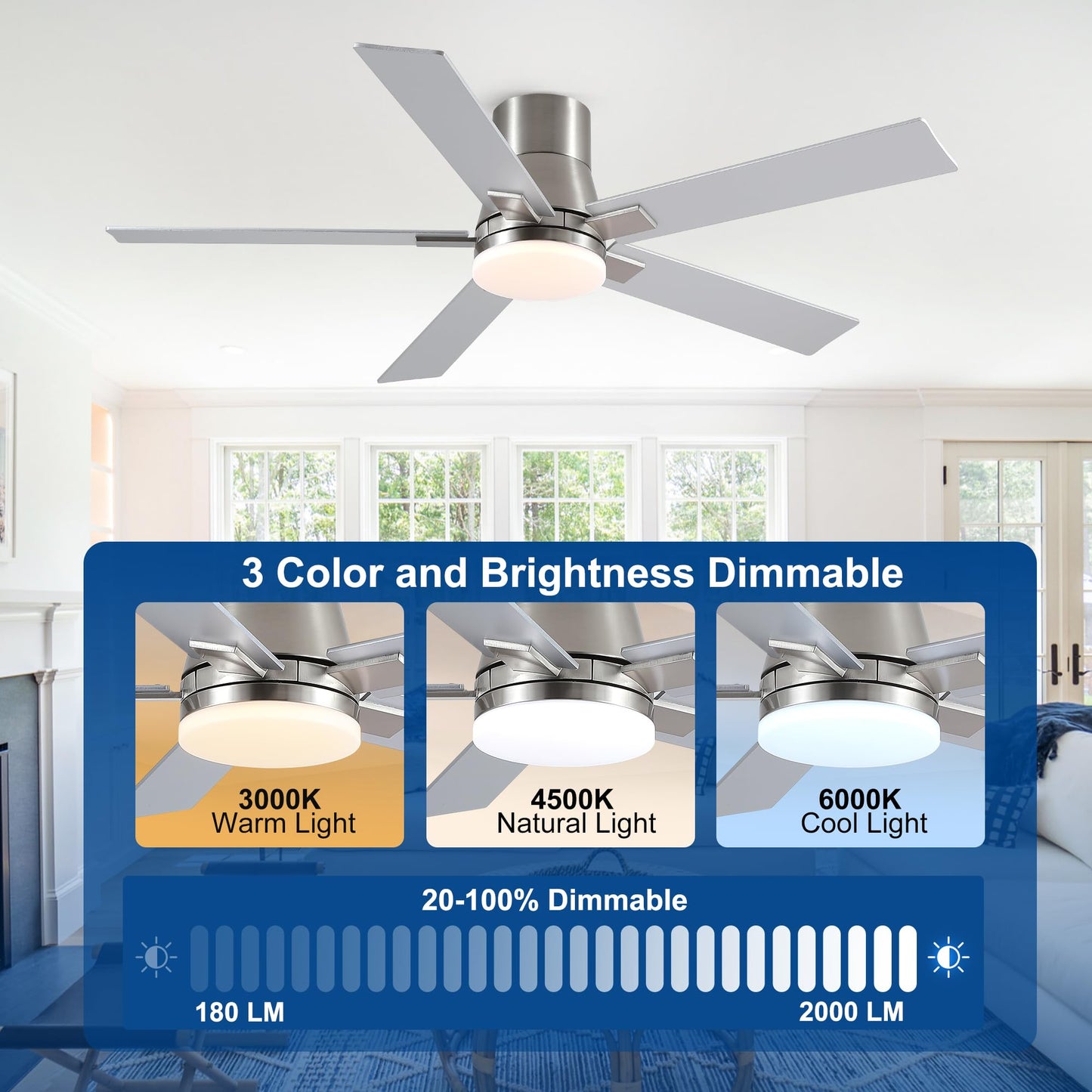 52 Inch Ceiling Fans with Lights and Remote,Flush Mount Brushed Nickel Ceiling Fan,6 Speed Reversible DC Motor, 3CCT Dimmable LED-Low Profile Design for Bedroom, Living room & Covered Outdoor