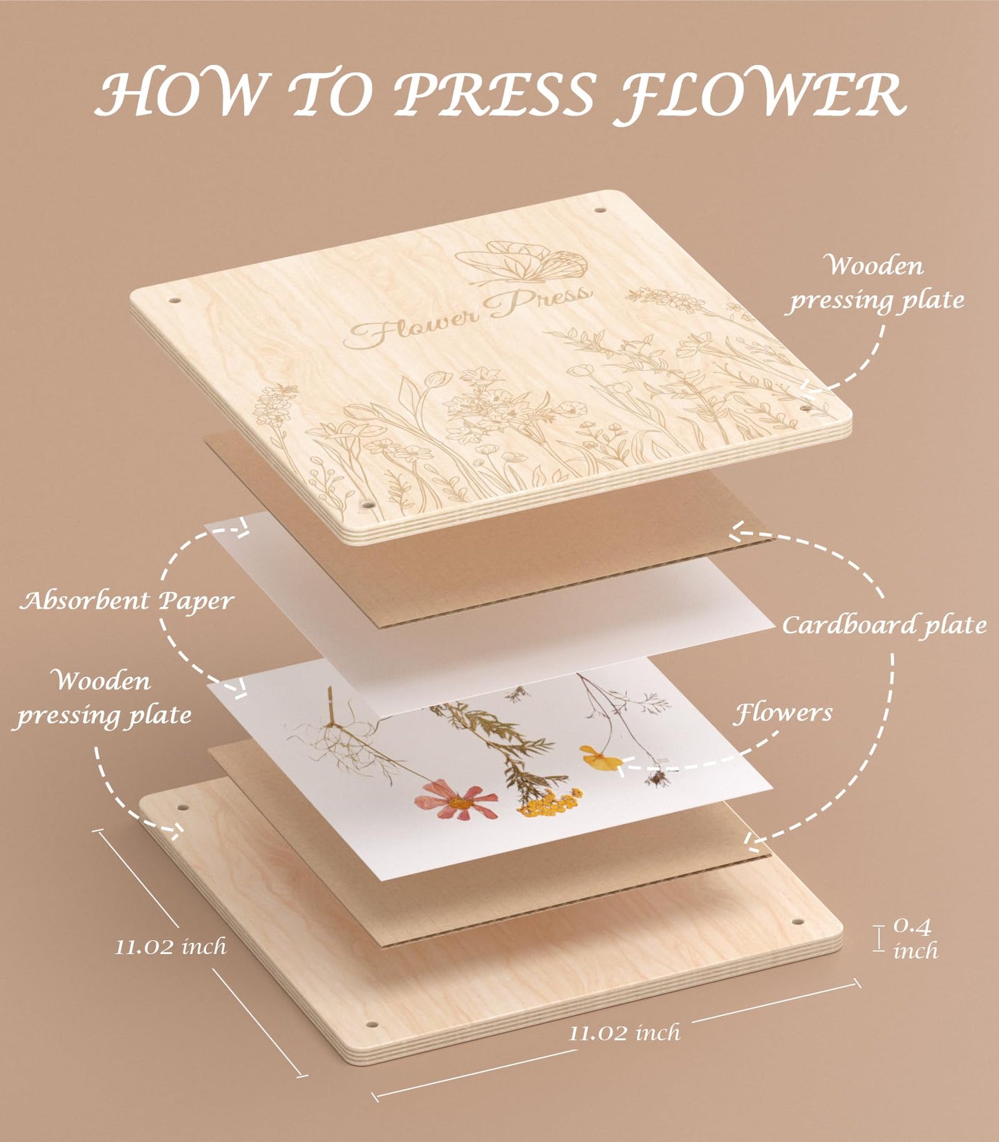 Wakhow Large Wooden Flower Press Kit, 11.02" x 11.02" Pressing Kit for Adults & Kids, DIY Drying Art Kit, Preservation Craft, Ideal Gift for Plant Lovers