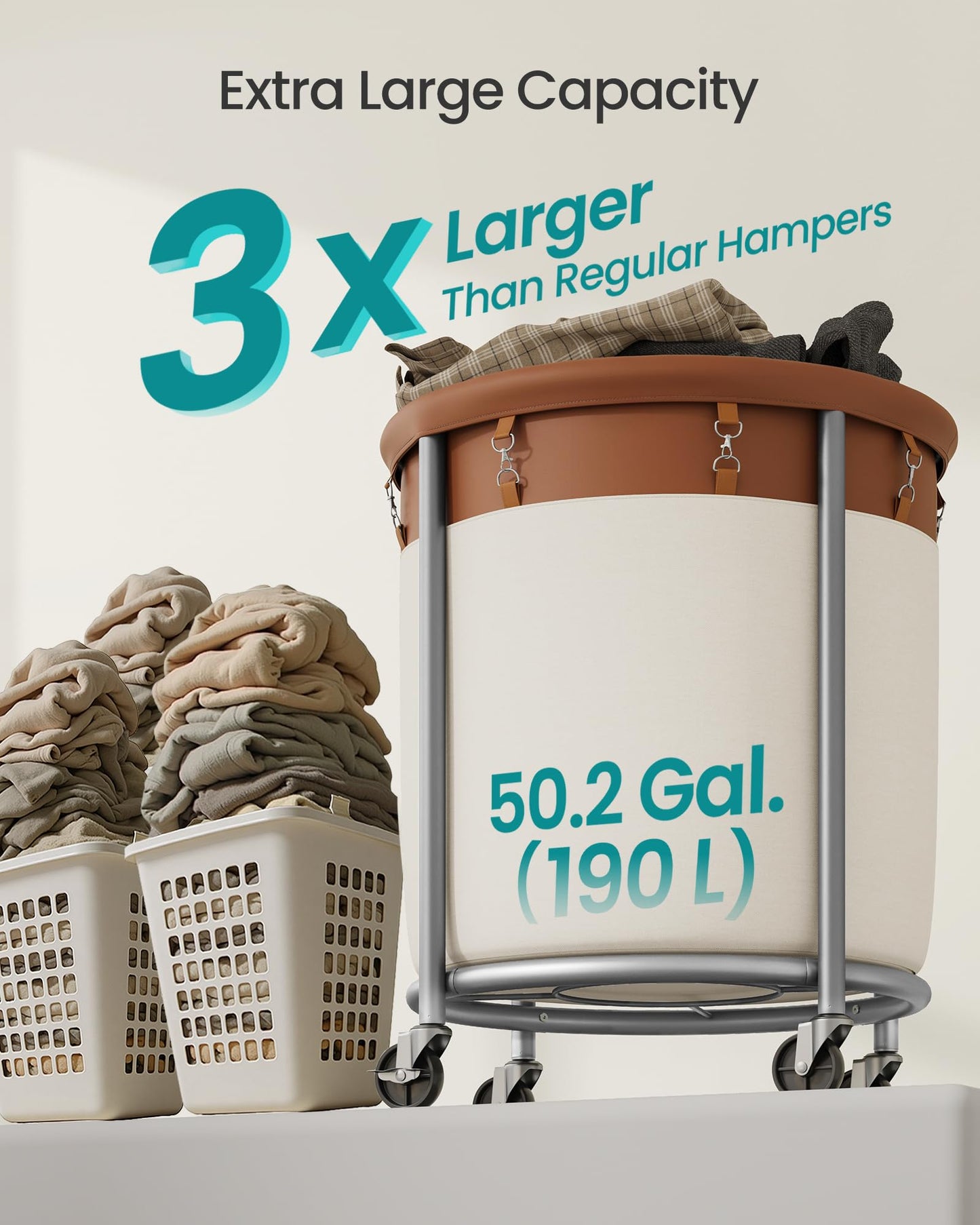 SONGMICS 50.2-Gallon (190 L) Laundry Basket with Wheels, Rolling Round Heavy-Duty Laundry Hamper Cart with Steel Frame and Removable Bag, 2 Locking Wheels, Coffee Brown and Cream White URLS001KQ02