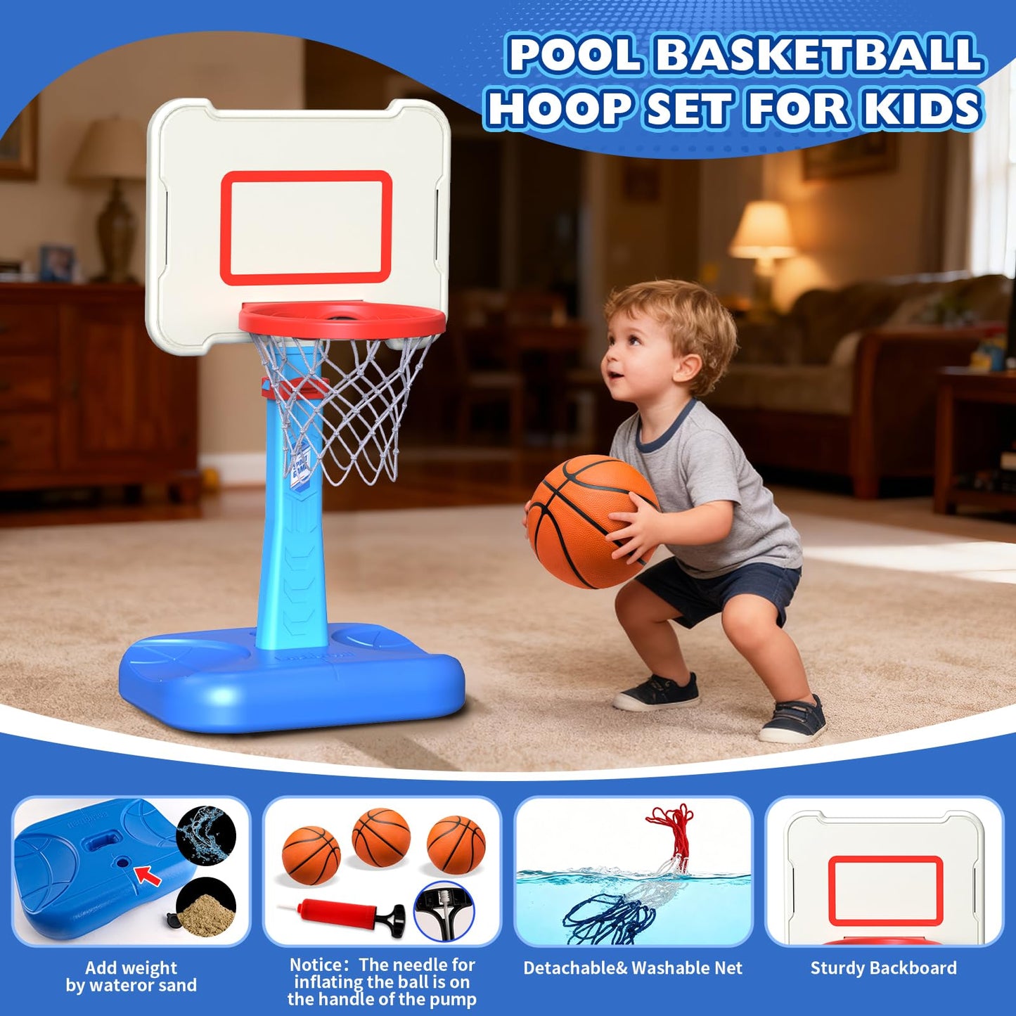ShyLizard Toddler Basketball Hoop Indoor, Height Adjustable Poolside Basketball Hoop