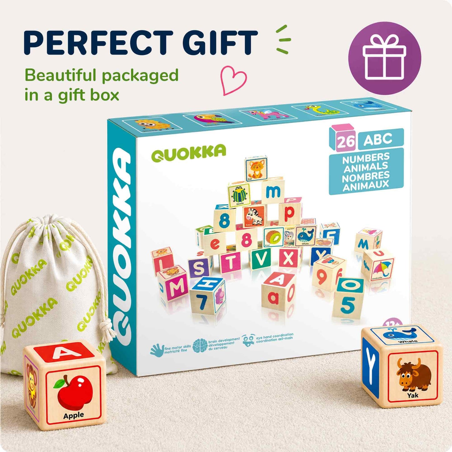QUOKKA Wooden Blocks for Toddlers 1-3 - 26 ABC Learning Baby Blocks for Kids 3-5 Year Olds Stacking Alphabet Wood Toys 2-4 yo - Educational with Letters Numbers