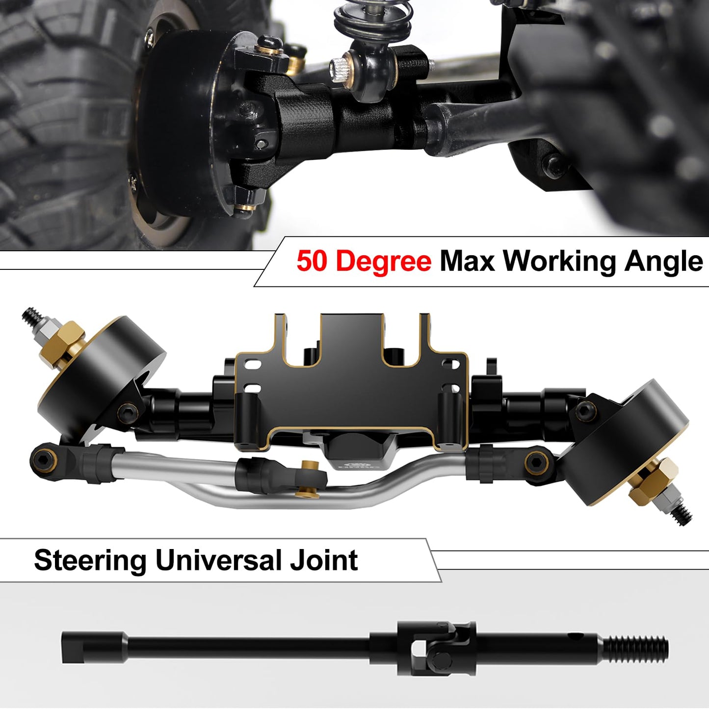 OGRC 1/24 +5mm Extended Axle Set with 50° Steering Angle, Brass Knuckles, Truss & Servo Mount, Compatible with Axial SCX24 Deadbolt C10 JLU Gladiator Bronco RC Crawler (Black)
